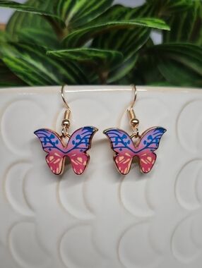 Hawaiian Butterfly Dangle Earrings - Pink & Blue